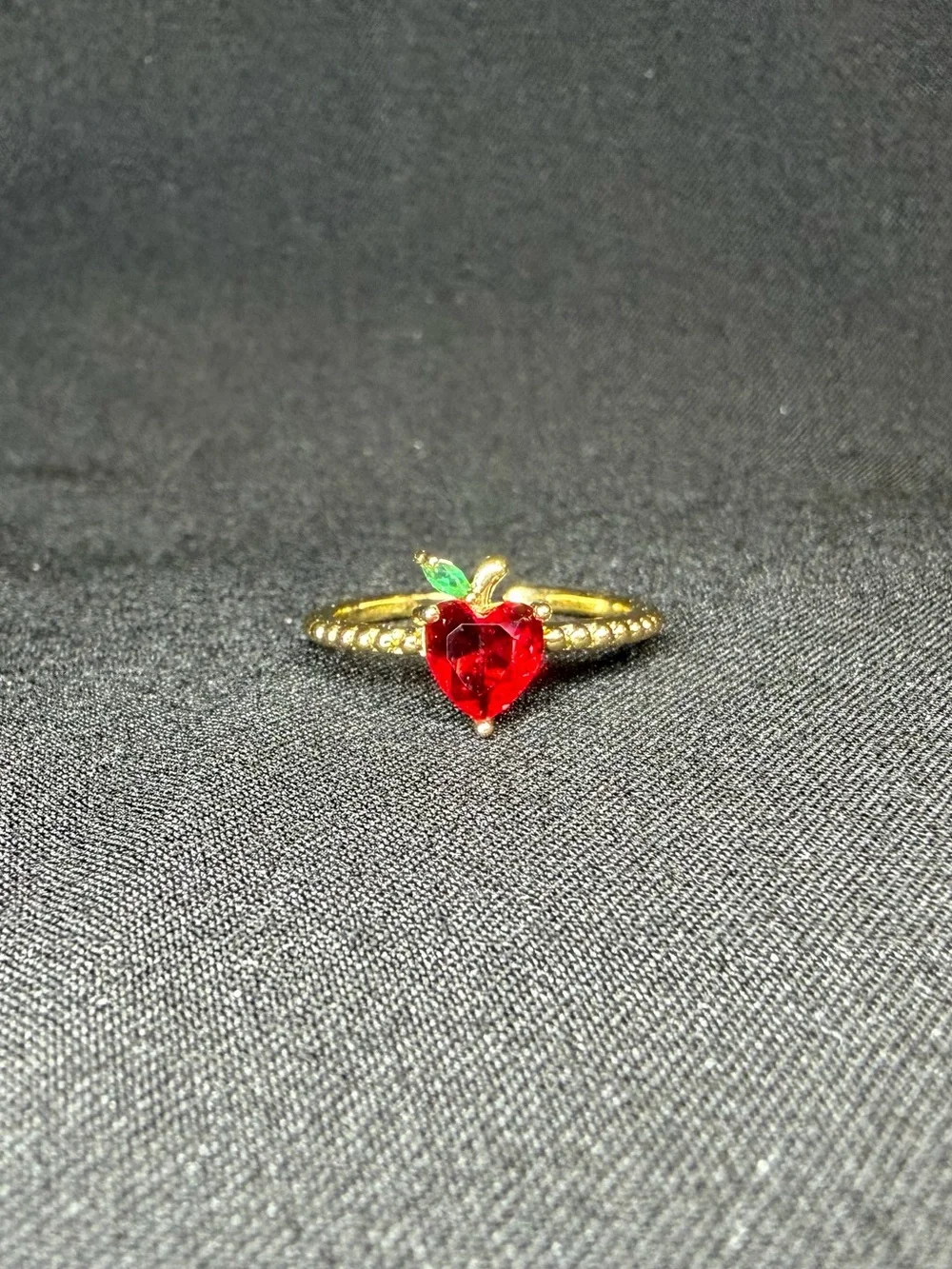 🍎 Adjustable Gold Tone Red Crystal Apple Ring Heart Shaped Cottagecore Jewelry 🍎